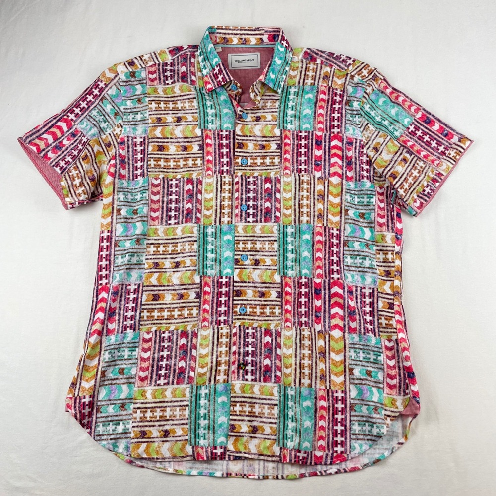 Williams & Kent Mens Large Cotton Patchwork Geometric Tribal Short Sleeve Shirt